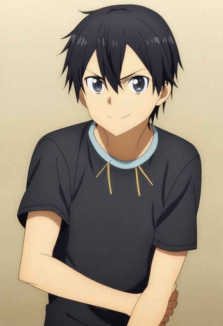 high resolution, professional photography, best quality, 1Boy, Kazuto Kirigaya, Black Hair, Black Eyes, dark t-shirt, looking at viewer, focused gaze forward, plain background, straight body, head upright, angry, smile, OverallDetail