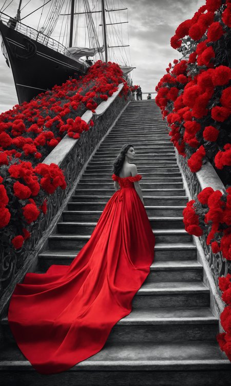 cinematic still black-and-white pencil, black and white tone, beautiful girl, in a lush dress of red flowers, with a long train of flowers ascends the stairs, petals, sunset, sea, ship with scarlet sail, hyper-detailing, vivid colors . emotional, harmonious, vignette, 4k epic detailed, shot on kodak, 35mm photo, sharp focus, high budget, cinemascope, moody, epic, gorgeous, film grain, grainy, black-and-white pencil, black and white tone, beautiful girl, in a lush dress of red flowers, with a long train of flowers ascends the stairs, petals, sunset, sea, ship with scarlet sail, hyper-detailing, vivid colors, intricate, fine detail, sharp focus, elegant, highly detailed, cinematic, singular, dramatic light