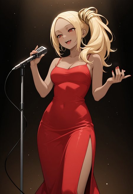 masterpiece, best quality, 
1girl, solo, seductive smile, k4tjazz, dark-skinned female, long hair, blonde hair, side ponytail, hair ornament, red eyes, long dress, red dress, sleeveless dress, spaghetti strap, side slit, hoop earrings, bare shoulders, cleavage,
microphone, microphone stand,  singing,