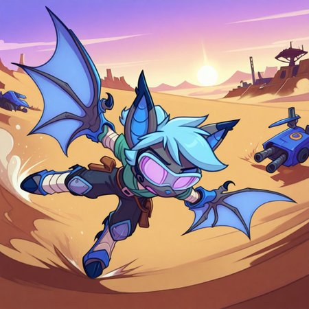 Dreamkeepers,1girl,Prelude_Vanth,solo,furry,source_furry,blue hair,wings,furry,bat wings,
child, kid, 
in a tattered kimono repairs a sand-scarred mech in a desert junkyard. Her tool belt holds plasma torches, and a robotic scorpion guards her back. Sand blows through shattered windshields., samurai, desert, mecha, junkyard, toolbelt, plasma, robot_scorpion, kimono, sandstorm, tattered_clothing, mechanical_arm, goggles, determined_expression, sunset, heat_haze, rust, scrap_metal, dynamic_pose, bandaged_arm