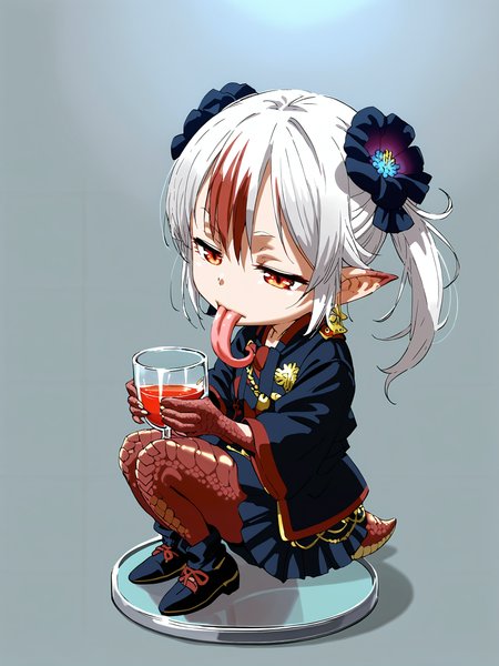 score_9,score_8_up,score_7_up,score_6_up,source_anime, shiny, shiny skin, <lora:MeMaXLV3_TypeB_AutismMix:0.8>, <lora:AIã¤ã©ã¹ããããã:0.8>, tamanoi, <lora:tamanoi:0.8>,
best quality, cute, chibi,solo,(monster girl:1.2),dragon girl,(scale:1.2),(shortstack:1.2),(half-closed eyes:1.2), white hair, red eyes,(two-tone hair:1.2),pointy ears, ,(lick put glass:1.4),long tongue (sketch, tegaki:1.3),from side, fantasy clothes,sitting,
,<lora:add-detail-xl:1>, japanese, ultra detailed, serious, best quality, amazing quality, very aesthetic, absurdres, masterpiece, best quality,spotlight,masterpiece, best quality, high quality, highres, absurdres, caustics, offcial art, anime screencap,