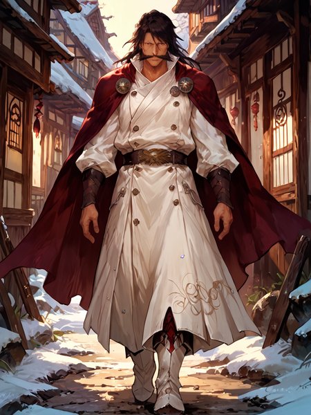 score_9, score_8_up, score_7_up, score_6_up, score_5_up, score_4_up,
1man, long black hair, dark brown hair, huge mustache, pronounced cheekbones, long nose, thin eyebrows, white boots, brown eyes, maroon-black cloak, broad chin, white uniform, masterpiece, high quality, detailed, Pony-NPDXL3, close-up, full body, <lora:yhwach:1> looking to the side, snow in the background , village, walking <lora:Fant5yP0ny:1>