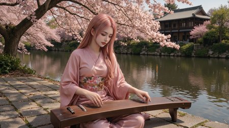 A photorealistic image of a 20-year-old young woman with long pink hair dressed in an elegant pink kimono with floral obi,sitting cross-legged by a riverbank,playing a guqin. Her body is slightly turned towards the instrument,with both hands gracefully posed mid-performance. The cherry blossom trees arch over her,casting dappled shadows on her and the stone path. The background features a calm river reflecting the pink hues of the blossoms and a traditional Japanese building in soft focus.,
<lora:yuukananri-base-02-flux:0.9>,yuukananri,she has a slender physique and a petite build,<lora:aidmaMJ6.1v0.4:0.6>,aidmaMJ6.1,