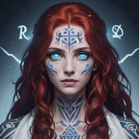 bright red hair, human female, (feminine:1.7), (beautiful face, detailed face:1.6), (beautiful eyes, detailed eyes:1.7), (looking at viewer, eye contact, intense:1.6), (long hair, red hair, curly hair:1.3), , ((masterpiece, best quality, high resolution, realistic, best quality,)), photo realistic, Perfect Face, (detailed face). <lora:GoodHands-vanilla:0.6> <lora:add-detail-xl:0.8>, mage, (Dress White military uniform coat), dagger, rune dagger, glowing runes, , (((glowing magic symbols tattoos, religious tattoos))), ((face tattoos)), glowing tattoos, stone tower in the background