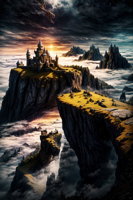 enchanted fortress, above the clouds, dragon emerging from the mist, mystical atmosphere, detailed stone walls, high detail, ultra high-resolution, photorealistic, dramatic shadows, glowing light, fantasy landscape, detailed clouds, beautiful, masterpiece
 <lora:add_detail:1>