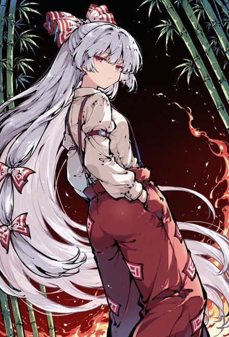 safe_pos, source_anime, high res image, masterpiece, perfect quality, best quality, newest, absurdres, highres, ultra detailed face, detailed eyes, tokiame, ink, sdxl_lightning_4step_lora_rank1, HDR, amazing composition, 1girl, solo, Fujiwara no Mokou, red eyes, hair between eyes, grey hair, hair bow, hair ribbon, long hair, very long hair, white hair, bow, suspenders, white shirt, shirt, long sleeves, pants, white bow, red pants, collared shirt,
BREAK
walking away from viewer, expressionless, half closed eyes, accurate anatomy, hands in pocket, flowing hair
BREAK
beautiful night, bamboo grove, dark background, from below, looking back, surrounded by flames, ambient light, dynamic lighting, dynamic angle, dutch angle