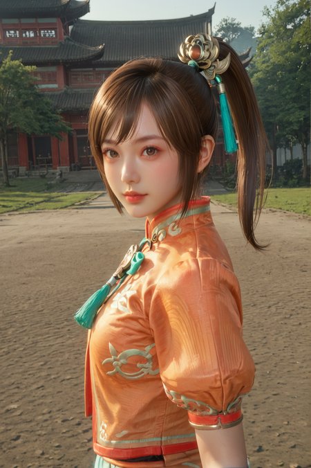 score_9, score_8_up, score_7_up, masterpiece, dynamic pose, <lora:Xiaoqiao_Dynasty_Warriors:0.8> 1girl, solo, brown hair, side ponytail, brown eyes, chinese clothes, hair ornament, outdoors, half body shot, looking at viewer