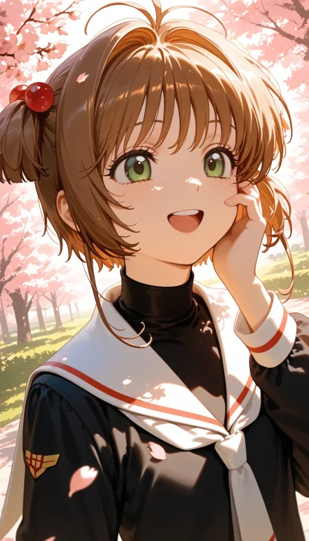 (masterpiece, best quality), amazing quality, very aesthetic, absurdres, highres, newest, HDR, 8K, high detail RAW color art, intricate details, high contrast, detailed background, large pupil, eyelashes, shiny skin,
(konya karasue:1.2763), (1girl), upper body, rubbing cheeks, round teeth, close-up, couple, kinomoto sakura\(cardcaptor sakura)\, tomoeda elementary school uniform, BREAK high angle, above, dutch angle, cherry blossom trees, walking, sunlight through the trees, soaring petals, flare, happy, smile, <lora:Aesthetic Quality_noobai_epsilon:0.8>, <lora:Pony People's Works_noob:1>,