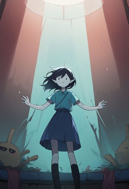 score_9, score_8_up, score_7_up, m4rc3l1n3,1girl,dot eyes,grey skin,marceline abadeer from adventure time, natural skin imperfections, extremely detailed, misty glass behind, from below, cinematic, filmic, exteremely high contrast, low saturation, delicate soft hazy lighting, very dark dark neon lighting, 80mm f2.8 lens, cinestill 8 0 0 t film, teal backdrop, misty atmosphere, source_cartoon, in the style of adventure time, Expressiveh, zPDXL