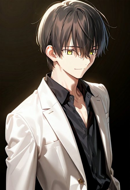((masterpiece, best quality, amazing quality, very aesthetic, absurdres)), 
Takeuchi takashi, ((solo)), calm, smile, closed mouth, 1boy, solo, peaceful, closed mouth, slim_build, detailed eyes, (((yagami_light face))), (((black hair, yellow eyes))), ((short hair, hair between eyes)), (((white suit, open suit, black shirt, collared shirt, black slacks))), no background, dark background, sideshot, cowboy shot, dark background, portrait,
