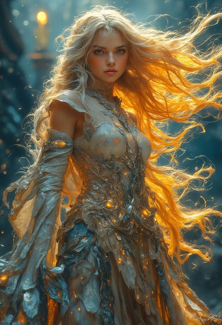 "A majestic girl blonde emerges from the evening light, surrounded by a landscape bathed in a warm blend of golden and teal tones. Bold palette knife strokes create textured, elegant brushstrokes on the canvas. The subject, a commanding teacher, stands tall, radiating mythical power and timeless wisdom. The image focuses on a close-up shot, capturing the fine details of their expression, as they dominate a modern, minimalist environment."