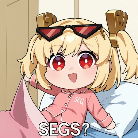 masterpiece, best quality, newest, absurdres, highres, segs, chibi, open mouth, smile, english text, :d, looking at viewer, blanket, pillow, holding,  <lora:SegsMeme_illusXLNoobAI_Incrs_v1-000012:1>, anime coloring,  <lora:Hoseki_ZenlessZoneZero_BurniceWhite_IllustriousXL_v1:0.8> brncwht, red eyes, blonde hair, medium hair, twintails, hair ornament, eyewear on head, sunglasses, pajamas,