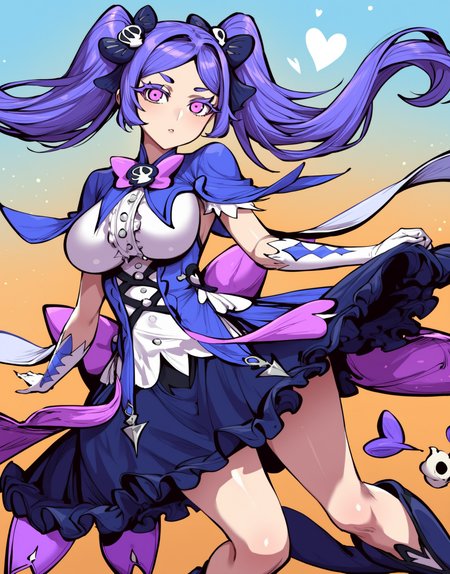 score_9,score_8_up,source_anime,(anime styal:1.1),anime,rating_explicit,1girl,<lora:lanmei-000032:1>,Lanmei haoxiongdi,twintails,purple hair,pink eyes,solo,perfect face,bedutiful eyes,<lora:DetailedEyes_V3:1>,slim waist,<lora:add-detail-xl:2>,<lora:ClearHand-V2:1>,magical girl,bow,gloves,white gloves,boots,breasts,purple bow,dress,skull hair ornament,looking at viewer,hair ornament,large breasts,black bow,black footwear,hair bow,heart,dress,(looking at viewer:1.1),blue sky,standing,Sexy pose,elegant,flying,