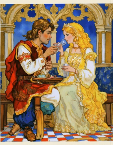 <lora:kochergin:1>, man dressed and woman princess  sitting on the bench and drinking vodka