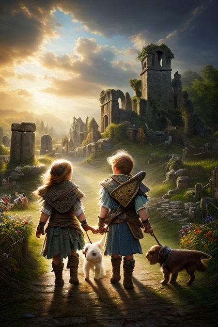 Masterpiece, closeup, hd, 8K, Fantasy art, award winning drawing of a two kids and a dog  entering in a harvest festival, rugged clothes, ancient ruins in backround back view, intricate details,