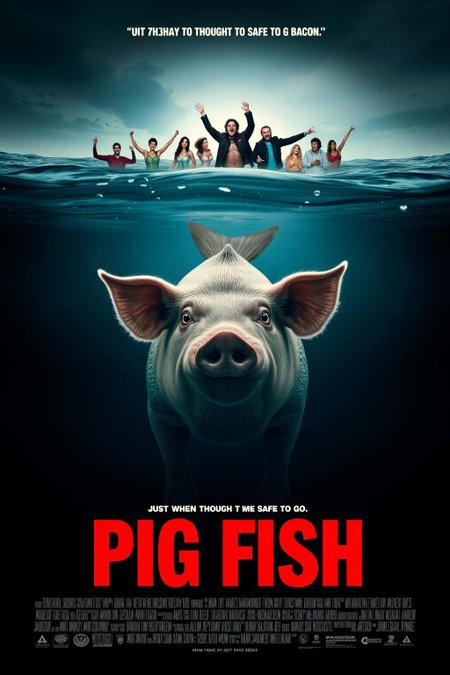 mvpstr. Epic Movie poster titled "Pig Fish," featuring a large, comical creature that is half-pig, half-fish, swimming menacingly beneath the water's surface. The creature has the head and snout of a pig, with fish scales and a long fish tail, and its eyes gleam with mischievous intent. Above, a group of horrified beachgoers scream and point at the water, with the tagline, "Just when you thought it was safe to go bacon!" The poster design mimics classic horror movie posters, with dark ocean blues and bold red lettering, capturing a suspenseful but humorous mood. Dramatic lighting, vintage horror film style, and a slight grainy film texture. <lora:schnell_v1.0:1.0> <lora:EpicMoviePoster-000015:1.0><lora:783025490995896711:0>