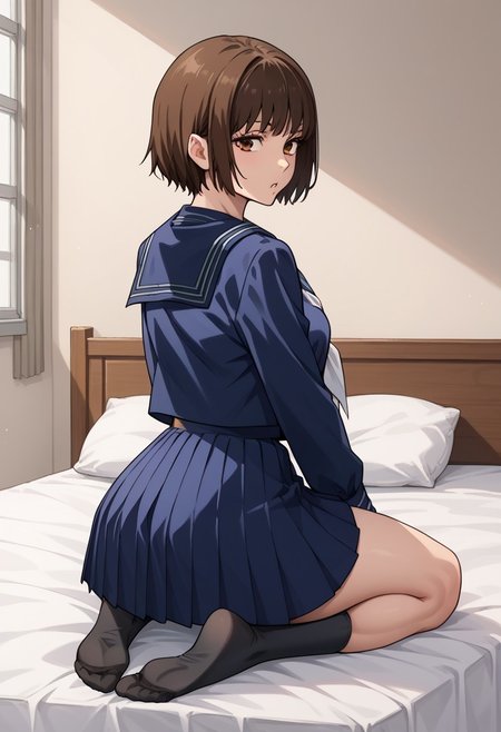 score_9_up, score_8_up, score_7_up, score_6_up, score_5_up, score_4, source_anime, 1girl, brown hair, short hair, bangs, brown eyes, school uniform, blue serafuku, sailor collar, blue skirt, pleated skirt, black socks, 
solo,  bedroom, sit kneeling, in bed, medium breasts, medium butt, hips, thighs, thick thighs, standing, back, full body, looking at the viewer, arched back