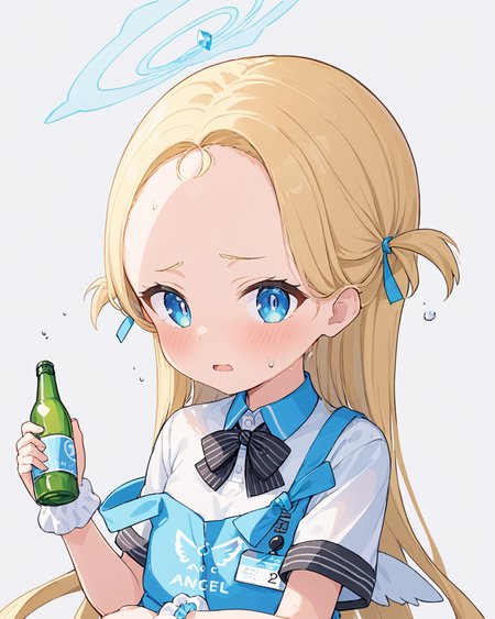 sora \(blue archive\),1girl, solo, halo, @_@, seiza, flying_sweatdrops, white_background, id_card, blue_apron, short_sleeves, forehead, simple_background, bowtie, striped_bow, black_bow, open_mouth, white_shirt, bottle, sweat, blush, collared_shirt, paper, mini_wings, wrist_scrunchie, short_eyebrows
<lora:sora_(blue_archive)_image805_2023-12-03-000015:1>halo. gorgeous,key visual, vibrant, studio anime,award-winning, professional, highly detailed,high budget, cinemascope