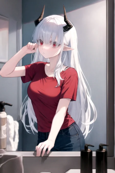 <lora:sarkazgirl-04:1>, BREAK white hair, black horns, pointy ears, long hair, medium breasts, voluminous hair, disheveled hair, red eyes, red t-shirt, indoors, bathroom mirror