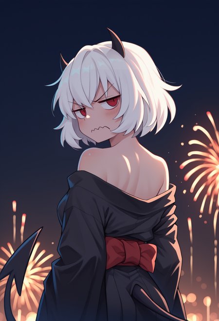 anime, masterpiece, best quality, newest, from behind, solo, 1girl, mal1na, black tail, demon tail, wavy mouth, looking back, short hair, white hair, black horns, demon horns, red eyes, jitome, v-shaped eyebrows, japanese clothes, black kimono, off shoulder, red sash, bare shoulders, outdoors, night, fireworks
<segment:yolo-face_yolov8m.pt,0.4,0.5//cid=1>