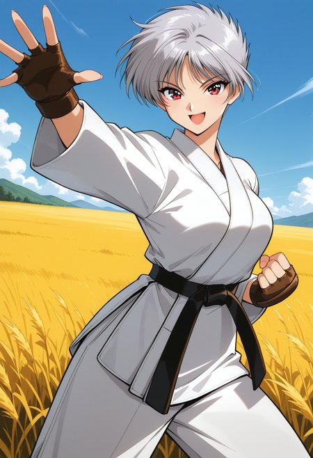 houjyou_torami, red eyes, grey hair, short hair, dougi, karate wear, black belt, martial arts belt, fingerless gloves, <lora:asuka120_houjyou_torami_illustrious_ver1:0.8> 
smile, open mouth,, masterpiece, best quality, general,, 1girl, solo, (field:1.2), (blue sky:1.2), looking at viewer,, (cowboy shot, dynamic pose:1.4),