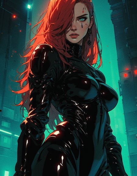 mature sexy woman,(photography, realistic:1.4), fashion photography, dark background, Comic book style 8k high quality digital painting , masterpiece, very detailed, ultra realistic, (best quality) very detailed epic masterpiece,(realistic:1.4), cowboy shot, from below, Adamhughesstyle, Chiaroscuro Lighting Style jessica rabbit, long red hair, hair covering one eye, green eyes, she has large breasts, seductive look on her face, looking at viewer. she stands in a nightclub filled with shadows and smoke, spotlight, partially covered in shadows , filigree 4k uhd, cyberpunk, enchanted reality..
(depth of field)
mythp0rt,

nigiex.  
. The background is minimalist, a gradient of shadowy blue tones, amplifying the ethereal and futuristic ambiance of the scene. The overall composition feels cinematic, blending high fashion with a science fiction aesthetic. 