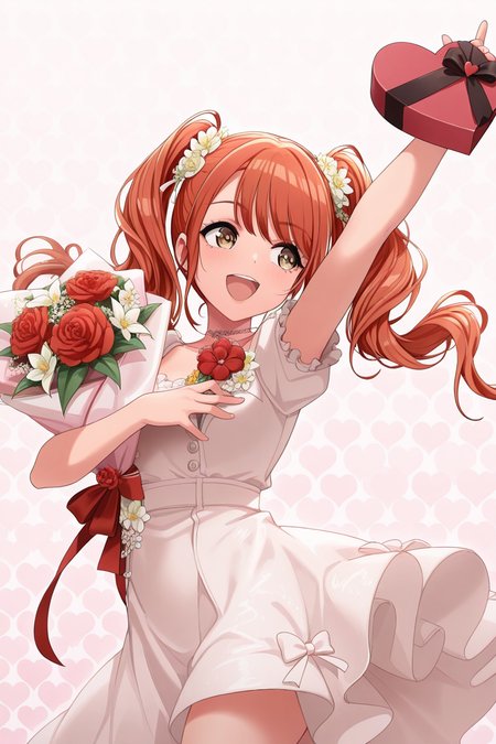 masterpiece, best quality, amazing quality,
1girl, solo, pretty, happy, open mouth, many heart shape box, bouquets flower, arm up, dancing, simple background, heart pattern background,
 <lora:Rika_IL:1> rika, twintails,