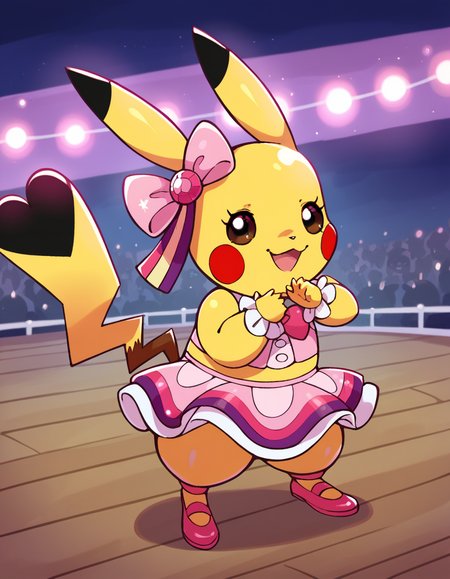 zPDXL, score_9, score_8_up, score_7_up, score_6_up, score_5_up, 4k, absurdres, looking at viewer, <lora:Perfect Hands:0.8> Perfect Hands,
<lora:CosplayPikachu v2:0.8> cosplay pikachu, pokemon \(creature\), pikachu ears, pikachu tail, feral, shortstack, flat chest,
popchu, pink ribbon, ear ribbon, pink skirt, pink tank top, frilled cuffs, pink footwear,
(indoors, Outdoor Stage, set against a twilight sky, colorful lights illuminating the stage, audience seated on the ground, ambient music playing)