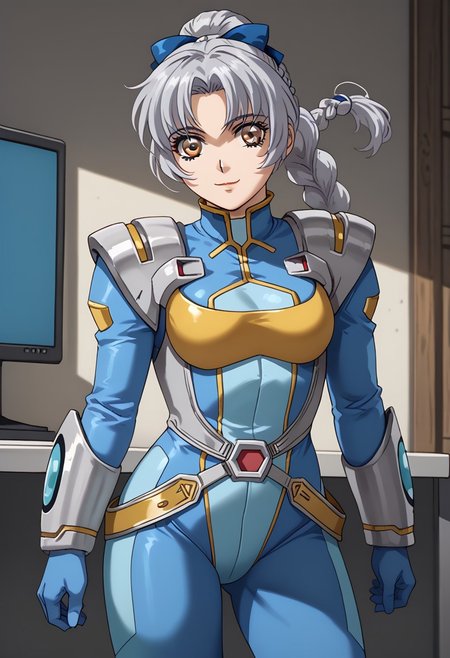 score_9, score_8_up, score_7_up, 1girl, solo, grey hair, grey eyes, braided ponytail, srwbluepilotsuit, blue bodysuit, pauldrons, wrist guards, metal belt, grey armor, helmet removed, no headwear, looking at viewer, slight smile, cowboy shot, indoors, metal wall, metal walls, monitor,