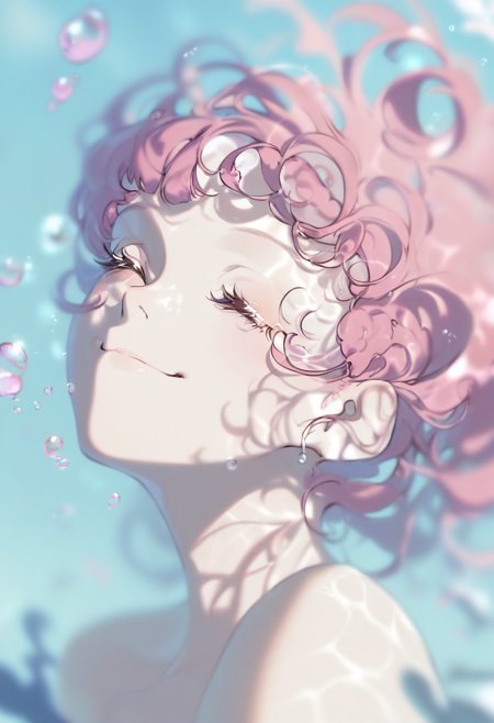 score_9, score_8_up, score_7_up, score_6_up, <lora:DPOXL:1> <lora:yoneyamaiXL_JS2_lokr_V12:1> 1girl, solo, closed eyes, pink hair, bubble, portrait, closed mouth, air bubble, underwater, water, bangs, blurry, smile, eyelashes