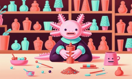 wh1m5y_style flat illustration, axolotl, high-angle view of a pink axolotl dressed in a tiny artistâs smock, delicately sculpting a miniature clay pot with its tiny hands; its round black eyes show intense concentration, and its frilly gills are still as it carefully shapes the clay; small pottery tools and colorful paints lie around, while the tilt-shift effect blurs the background shelves of finished clay pots and sculptures, creating a cozy studio atmosphere filled with creativity and detail<lora:Axomodel_Flux_V2.safetensors:1.0:1.0> <lora:wh1m5y_style flat illustration__FLUX.safetensors:1:1>