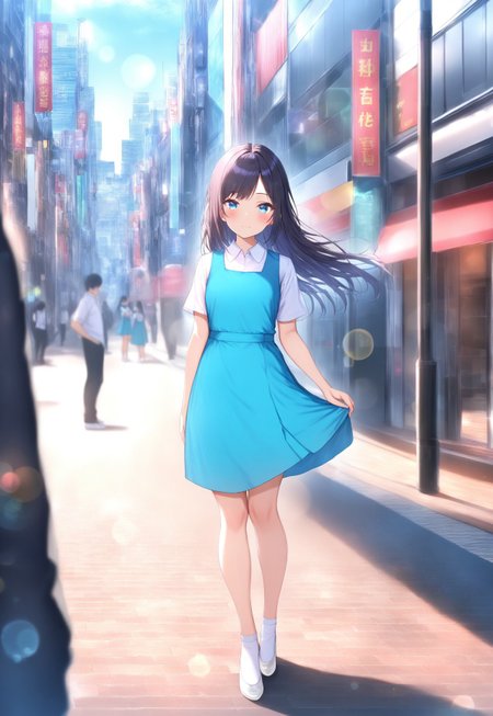 masterpiece, best quality,amazing quality,(1girl), solo,(depth of field),(solo focus),8K,HDR,(ultra high res),(highres),(full body),(lens flare),smile,blush,(black hair),(long hair),(blue eyes),(floating hair), sidelocks,(malaysian secondary school uniform),(pinafore dress),(aqua blue skirt),(blue pinafore),(collared shirt),(white shirt),(short sleeves),(white socks),(short socks),(white footwear),(ballet flat),(outdoor),(cityspace),(city),(street),(lampost),(standing),(looking at viewer)