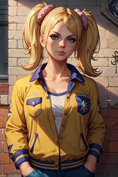 score_9, score_8_up, score_7_up, score_6_up
<lora:LCJuliet:0.8>
LCJuliet, 1girl, blonde hair, twin tails, blue eyes, looking at viewer, leaning against a brick wall, hands in jacket pockets, urban alleyway with graffiti art, moody lighting with shadows, edgy and modern vibe