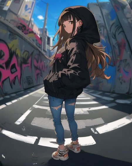 (depth of field:1.3, fisheye), 
 <lora:Sky_Alley_XL:1>
1girl, bangs, black hair, blurry, brown hair, building, city, denim, ear piercing, facing away, graffiti, hands in pockets, hood, hooded jacket, jeans, jewelry, long hair, looking at viewer, outdoors, road, sign, sky, sneakers, socks, solo, street, torn jeans, torn pants, weapon, wild_style