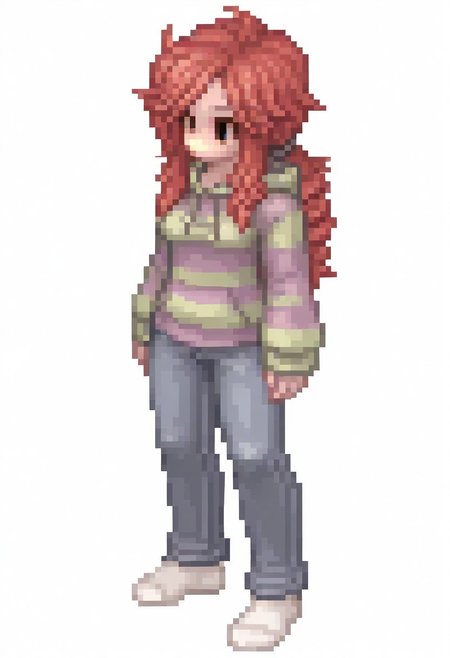 (1girl, female focus, solo,),ViviJa, green eyes, red hair, very long hair, messy hair, asymmetrical bangs, parted bangs, sidelocks, freckles, bags under eyes,
(Rouge, ) (satyr maiden,)
black shirt, striped hoodie, green hoodie, purple hoodie, hood down, jeans, blue jeans, white socks, no shoes,
Round breasts, pale skin, skindenation,
(Red hair, long ponytail drill, )
(ROSPRITE,  Black filled oval eyes, Ragnarok online character, transparent background )