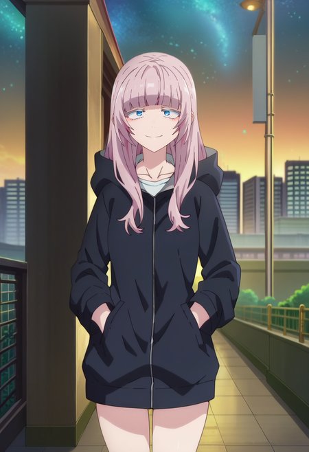 score_4, score_5, score_6, score_9, score_8_up, score_7_up, source_anime,
<lora:YofukashiNoUta_NanakusaNazunaXL:0.8>, NanakusaNazuna,
1girl, closed mouth, light smile,
pink hair, long hair, blunt bangs, sidelocks, blue eyes,
NanakusaJacket, black jacket, hood,
looking at viewer, hand in pocket, thigh gap,
outdoors, city, night, starry sky
<lora:anime_screencap:1>, fine anime screencap_xl, anime_screencap