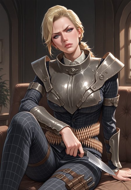 masterpiece, best quality, detailed, realistic, cowboy shot, head tilt, annoyed, 1girl, solo, magsfo, blonde hair, low ponytail, lips, breastplate, pauldrons, armlets, single vambrace, black checkered suit, ammunition belt, thigh holster, sitting, knee up, holding knife,