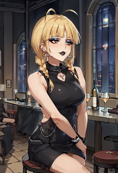 Score_9,score_8_up,score_7_up,score_6_up,source_anime,detail,1girl,solo,neon glow,BREAK
GothicC, makeup, lipstick, mascara, black nails, tattoo, black lips, wide lips,  BREAK
akzkrtk,long hair, (blonde hair),(twin braid,bangs:1.1), antenna hair,((no glasses)),brown eyes, BREAK 
(the whole body is sweaty:1.2), (steam on the body),((jet-black skin)),  BREAK
(indoors:1.1),(night:1.4),(cowboy shot:1.2), Dutch Angle Shot, (dynamic angle:1.2), (dynamic pose:1.2), face focus, eyes focus, (sitting, beside Bar counter,), holding wine,  BREAK
ruanyi0729,indoors,bar \(place\), BREAK
ruanyi1005,backless dress,black dress,sleeveless,turtleneck,short dress,tight dress,cross-laced clothes, BREAK
Expressiveh,horny face,((seduce)),seduce smile, mouth close, BREAK
OverallDetail,Frontlight,