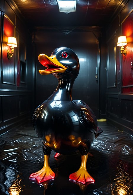 high detail, high quality, dramatic lighting, SFW, PG, detailed background, masterpiece, Graphic details, perfect design, shnywrld, shiny, inside, room, dark light, Dark, detailed Background, a Shiny latex duck with sharp teeth, Horror scene, Glowing red eyes, long pointed tongue,