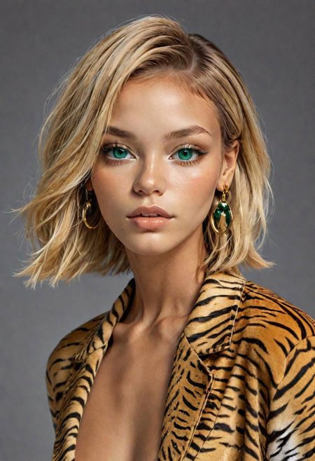 (masterpiece, best quality), female early twenties, well-defined, sub-saharan african, emerald eyes,  straight nose, u-shaped chin,  low cheekbones,  square face shape,   , dirty blonde
 long bob hair, loneliness
 wearing __bo/properties/color__    tiger print
 microfiber cheeky,  tanga,   collar pins ,,
, one hand covering the mouth, indicating shock or disbelief