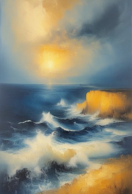 Nixpaint, dramatic seascape in J.M.W. Turner style, tempestuous waves crashing against cliffs, glowing stormy sky with diffused golden light, loose swirling brushstrokes, warm amber and deep blue color palette, intense emotional energy, romantic and sublime mood