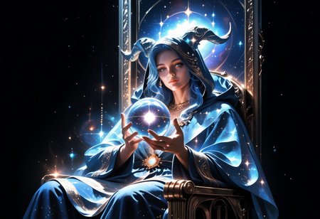 high quality, score_9, score_8_up, source_7_up, very aesthetic, high resolution, newest, depth of field, volumetric lighting, (masterpiece, best quality, ultra-detailed, High detailed), beautiful face,  absurdres, masterpiece, best quality, amazing quality, masterpiece,best quality,amazing quality, 8k, 
BREAK 
boy, blue hair, ethereal horns, curved horns, adult face,
druid robe, flowing robes, glowing runes around person,
sitting, orb, throne, crystal ball, chair, hooded cloak, robe, hood up, solo, hand holding orb,
galaxy inside orb, levitating, stardust,
surreal, detailed, rich_color_palette, light_and_dark, arcane, atmospheric, dreamlike, otherworldly, fantastical, galaxy,
dark background, night sky,