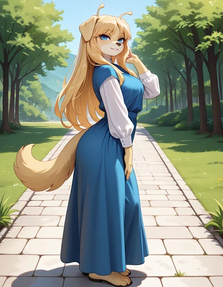 masterpiece, best quality, very aesthetic, absurdres,
outdoors, 
full body, posing, 
seductive smile, parted lips, long eyelashes,
<lora:Zharar_v01_NAIXL:1>
Zharar,1girl,solo,furry,furry female,dog girl,blonde hair, long hair,dog ears,antennae,blue eyes,snout,animal nose,body fur,two-tone fur,dog tail,