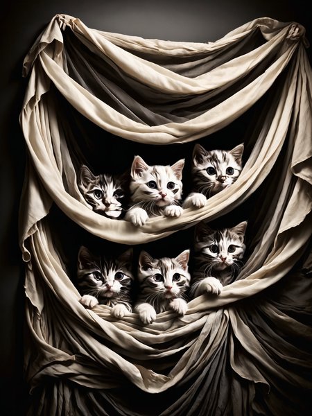 A group of kittens playing hide-and-seek beneath a billowing sheet of shadowy linens, their glowing eyes peeking out mischievously. <lora:Shadowy_Linens:0.9>, <lora:EnvyBetterHiresFixXL01:0:hr=1>