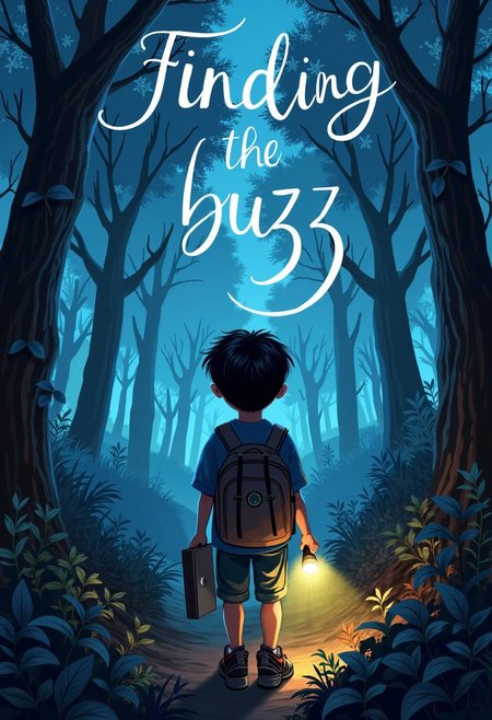 book_cover, title "Finding buzz" written by "buzz beggar", 
A handsome schoolboy wearing round glasses wandering in the night forest, holding a flashlight in one hand and a laptop in the other,Realistic style