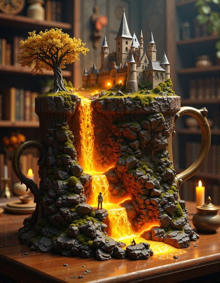 aidmaHyperrealism,
A large, ancient mug, half-hidden among wooden shelves, holds within it a breathtaking miniature world—a glowing medieval kingdom floating atop its rim, bathed in golden light. The castle’s pointed spires reach toward the heavens, their gothic architecture covered in ivy and shimmering with warm, inviting lanterns, as though an entire civilization thrives within its walls. On one side, a majestic tree with twisted branches and golden foliage extends over the edge, its roots grasping onto the rocky terrain, as if protecting the sacred realm from falling into oblivion. Below, the entire lower half of the mug becomes a radiant abyss, where a golden waterfall of pure celestial energy descends infinitely, its cascading streams forming glowing embers that hover in midair like fireflies caught in a divine current. A tiny traveler stands before this cosmic phenomenon, mesmerized by its grandeur, as molten light carves intricate glowing rivers into the rocky base of the landscape, creating veins of liquid gold. The setting, framed by the rich textures of aged wood and gentle flickers of distant candlelight, evokes the feeling of discovering a long-lost relic infused with pure magical energy, a gateway to a realm beyond imagination.
 <lora:aidmaHyperrealism-FLUX-v0.3:0.5> <lora:FluxDFaeTasticDetails:0.3>