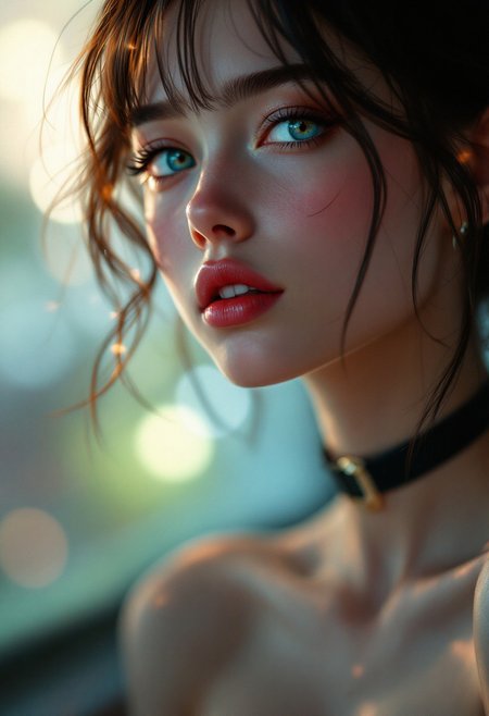 hyperrealistic digital painting by Jeremiah Ketner and Charlie Bowater and Stanley Artgerm and Thomas Saliot and J. Scott Campbell, shallow depth of field, realistic anime, bokeh, lifelike anime woman, closeup on cute face and body, eyes, lips, light and shadows on face, choker
