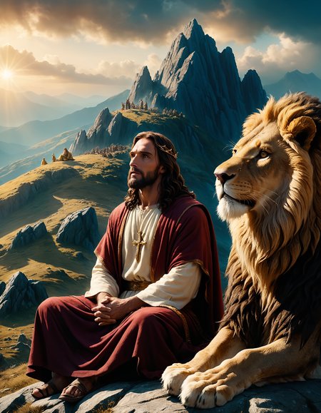 Jesus Christ and Aslan the Lion sitting down on a mountain., cinematic shot, dynamic lighting, 75mm, Technicolor, Panavision, cinemascope, sharp focus, fine details, 8k, HDR, realism, realistic, key visual, film still, superb cinematic color grading, depth of field, <lora:add-detail-xl:3>,