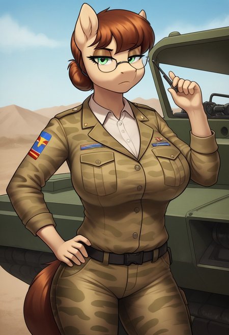 score_9, score_8_up, score_7_up, score_6_up, realistic illustration, dramatic angle, military headquarters, military base, outdoors, day, armored vehicle, apc, tank (vehicle), m1a2 ambrams, m1a2 ambrams MBT tank,,(1girl, ( ((beige body,(brown hair),anthro pony, earth pony, short hair, hair tied,tail,milf body,glasses,((milf)),(green-eyed))),perfect proportions, anthro pony, detailed fluffy fur, perfect body, pony head, tail),
 (anthro pony), tail, female focus, looking at you, seducing, serious face, unamused, uniform military, grey undershirt, camouflage jacket military uniform, camouflage military cargo tactical pants, one hand on hip,