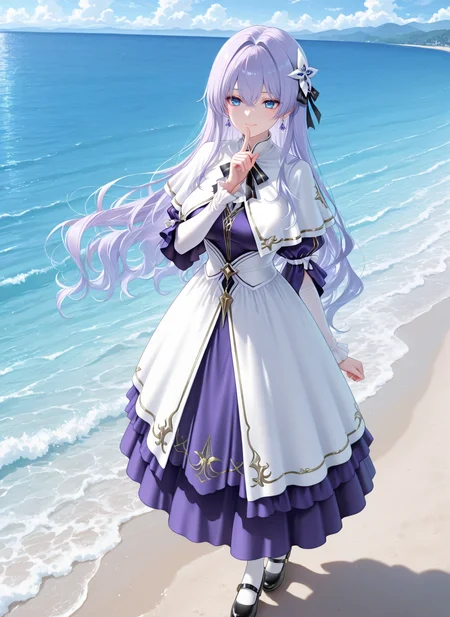 masterpiece,best quality,newest,absurdres,highres,soft shadows,year2024,mutou kurihito,(kimishima ao:0.7),(hiten \(hitenkei\):0.4),(sheya:0.4),
<lora:Cantarella youngXLNAI:1>,Cantarella (\young\),1girl,light purple hair,blue eyes,hair ornament,hair between eyes,mole under eye,earrings,white capelet,puffy sleeves,long sleeves,purple dress,white dress,
ocean,standing,finger to mouth,
smile,full body, mary janes,